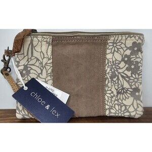 Chloe & Lex Canvas Leather Wristlet Pouch Purse Flower Boho Hippie Zip NWT 9"x6"